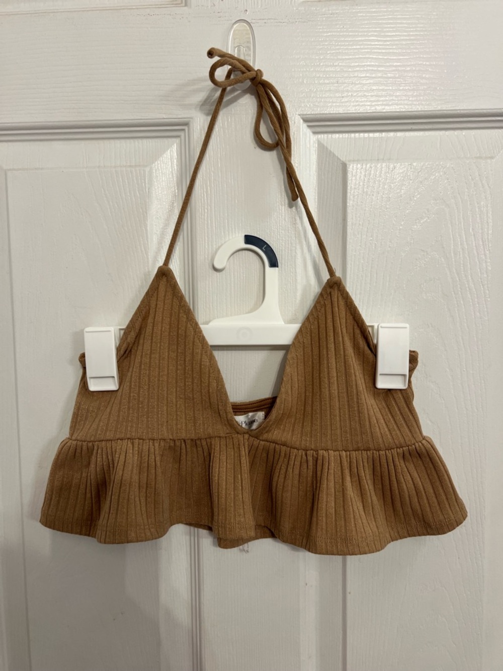Privacy Please Caramel Ribbed Halter Crop Top